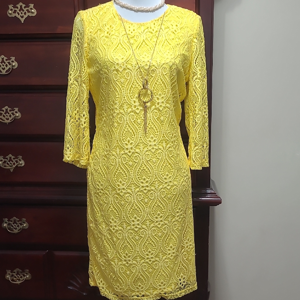 Tacera Yellow Lace  Dress With A Necklace.
